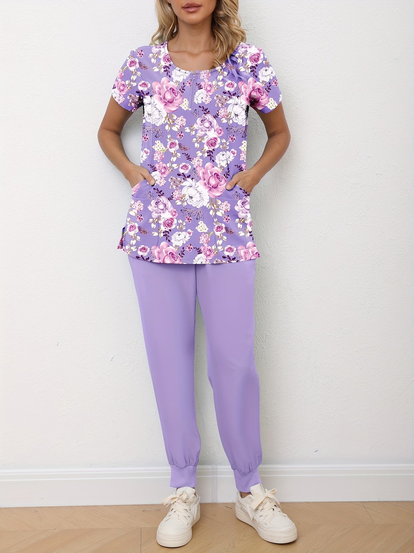 Womens Trendy Floral Print Two-Piece Scrub Set - Comfortable & Professional Medical Outfit with Functional V-Neck Top & Adjustable Pants