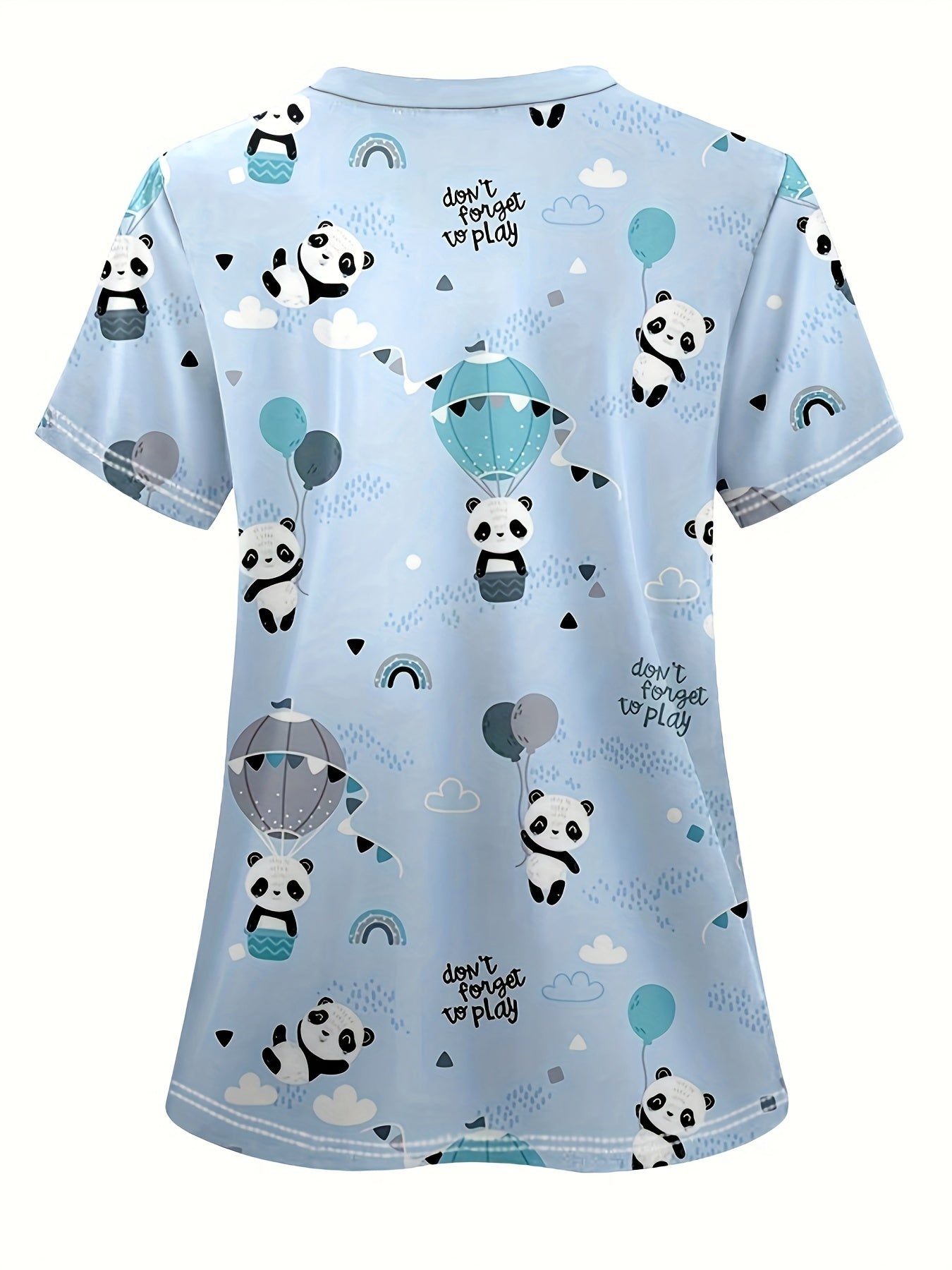 Elegante blusa médica con cuello en V y estampado de panda para mujer: suave, transpirable y funcional con bolsillo; uniforme de atención médica cómodo para médicos, enfermeras y dentistas; lavable a máquina, manga corta, largo normal