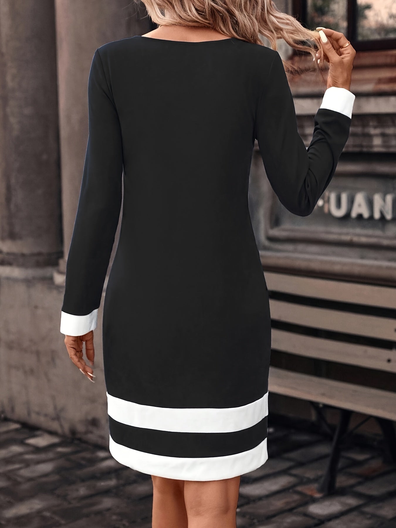 Long Sleeve Striped Crew Neck Fitted Dress - Elegant Slim Fit, Micro Elastic Polyester Fabric, Machine Washable, Patchwork Pattern, Customized Style for Women - Perfect for Spring and Fall Seasons