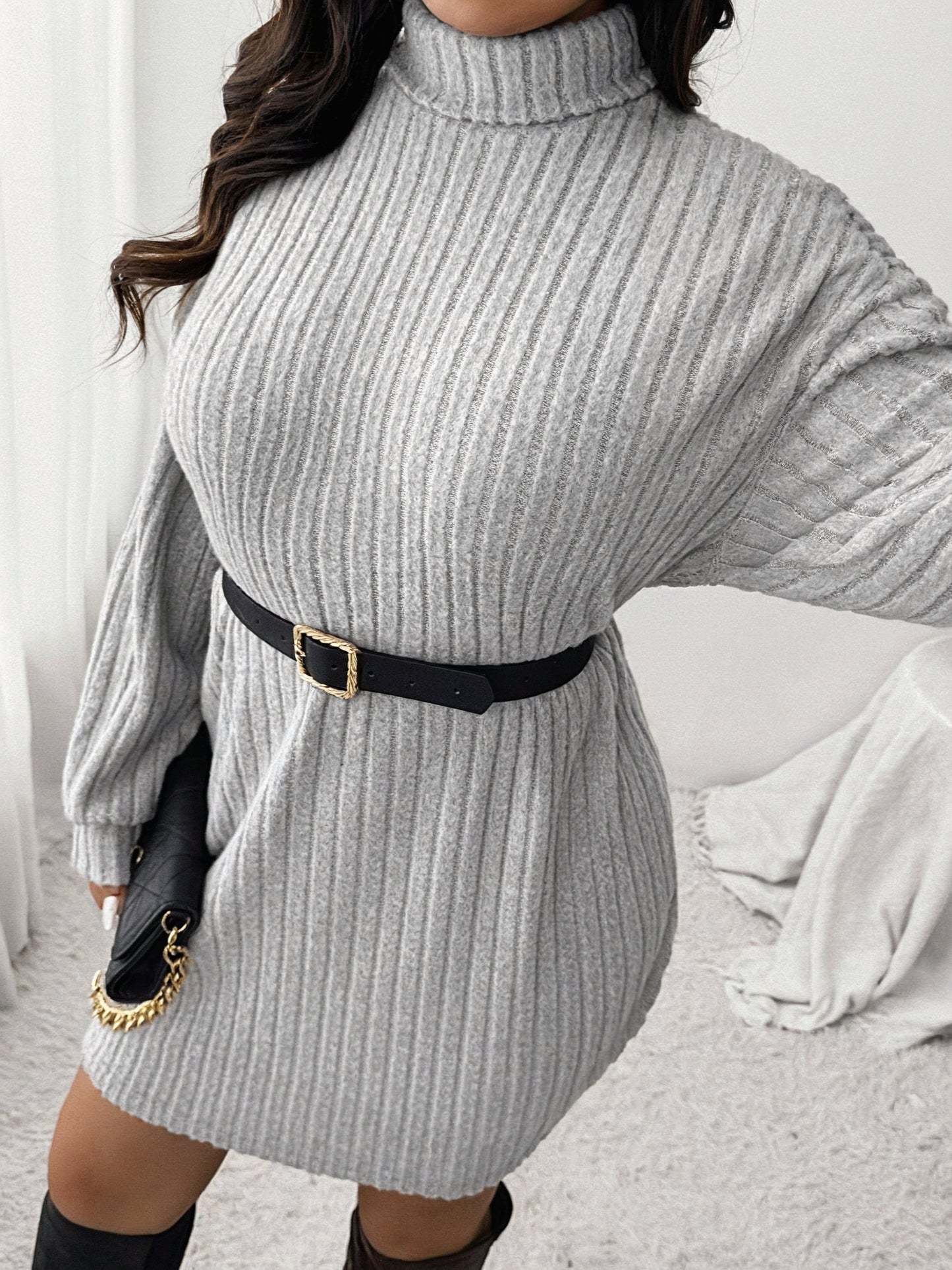 Women'S Plus Size High Neck Rib-Knit Knit Dress, Casual Long Sleeve Knee-Length Pullover