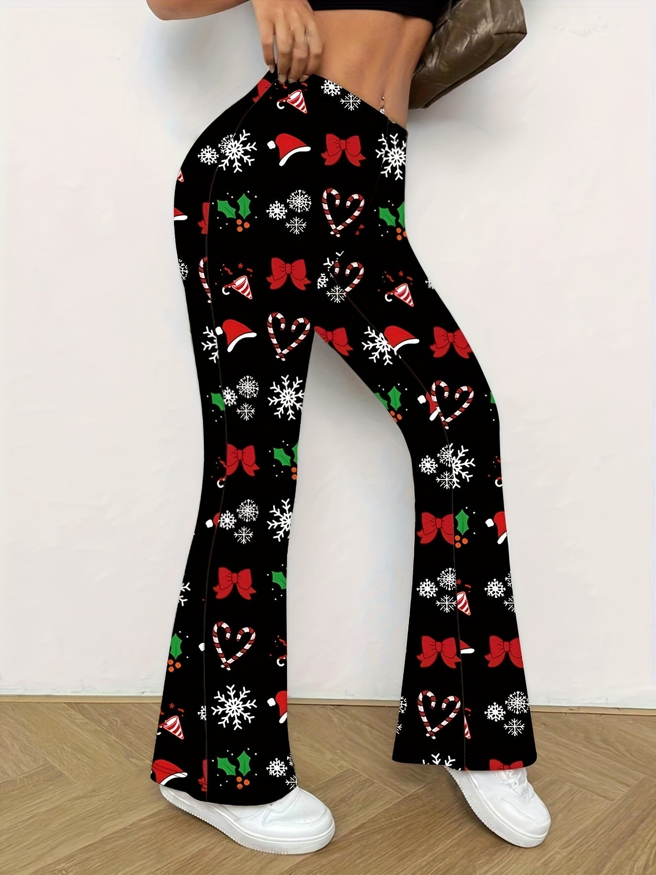 Women's High-Waist Flare Pants with Unique Christmas Print - Stretchy Polyester Blend, Machine Washable, Non-See-Through, All-Season Comfort Fit for Everyday & Party Wear