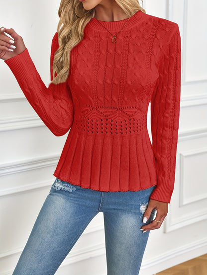 Womens Solid Cable Knit Crew Neck Sweater - Cozy & Stylish Hollow Out Design - Perfect for Fall & Winter Wardrobe - Long Sleeve Versatile Top