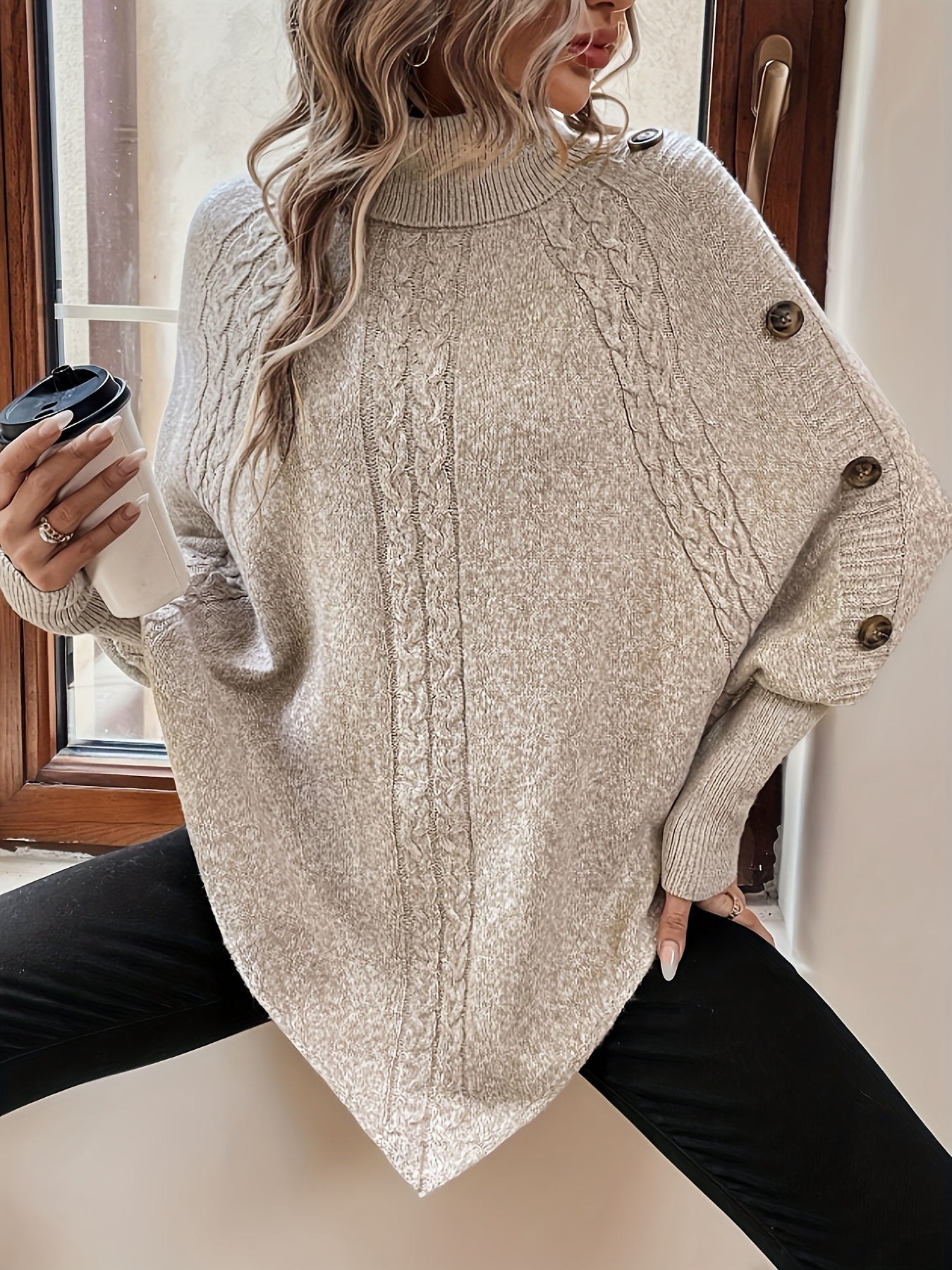 Cozy Cable Knit Turtle Neck Sweater - Soft, Elegant, and Warm Long Sleeve Sweater for Fall and Winter - Women's Clothing, Hanky Hem, Relaxed Fit, and Versatile Style