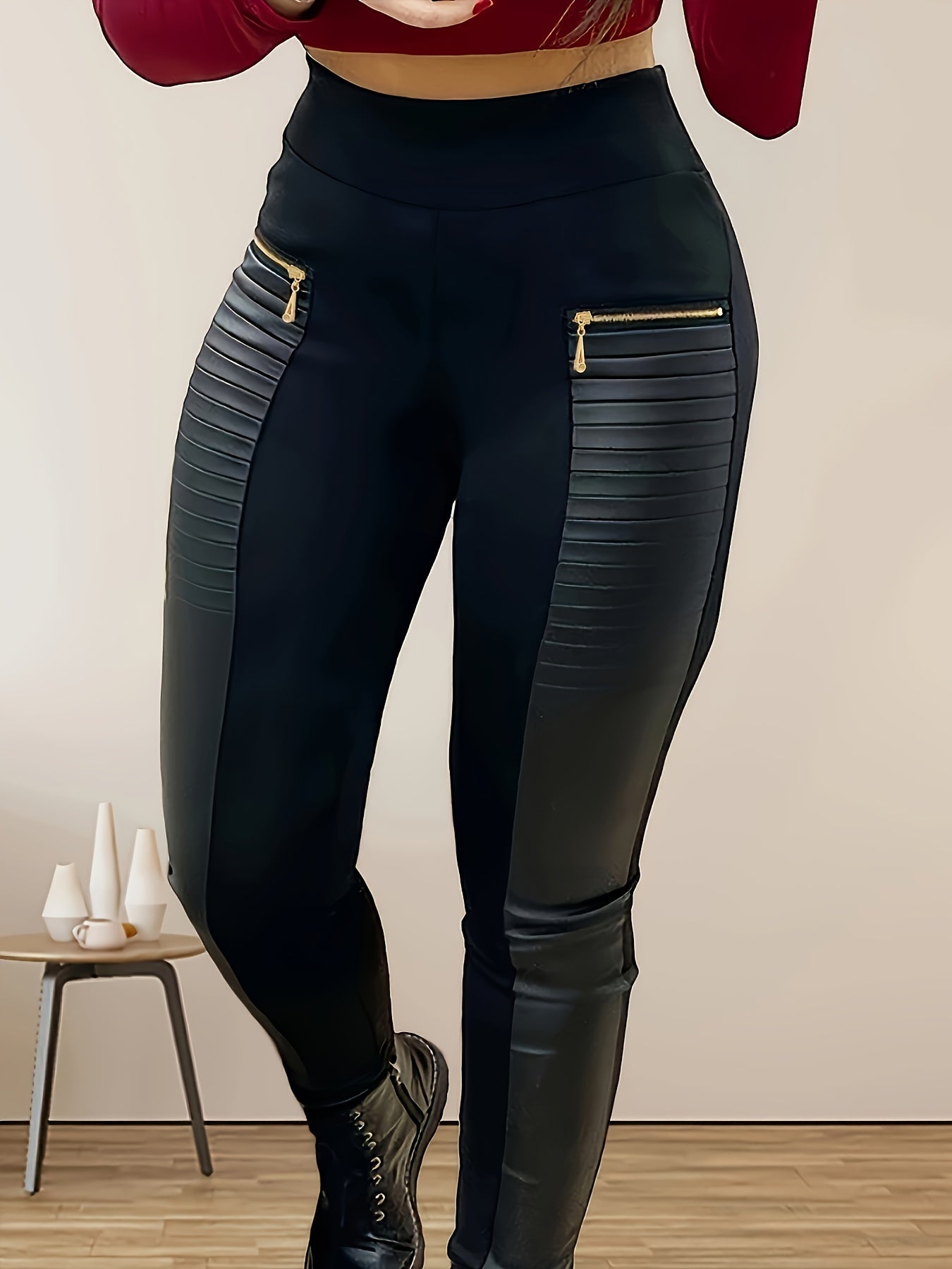 Leggings ajustados de talla grande, tejido de punto de poliéster con detalle de cremallera, pantalones elásticos de color sólido
