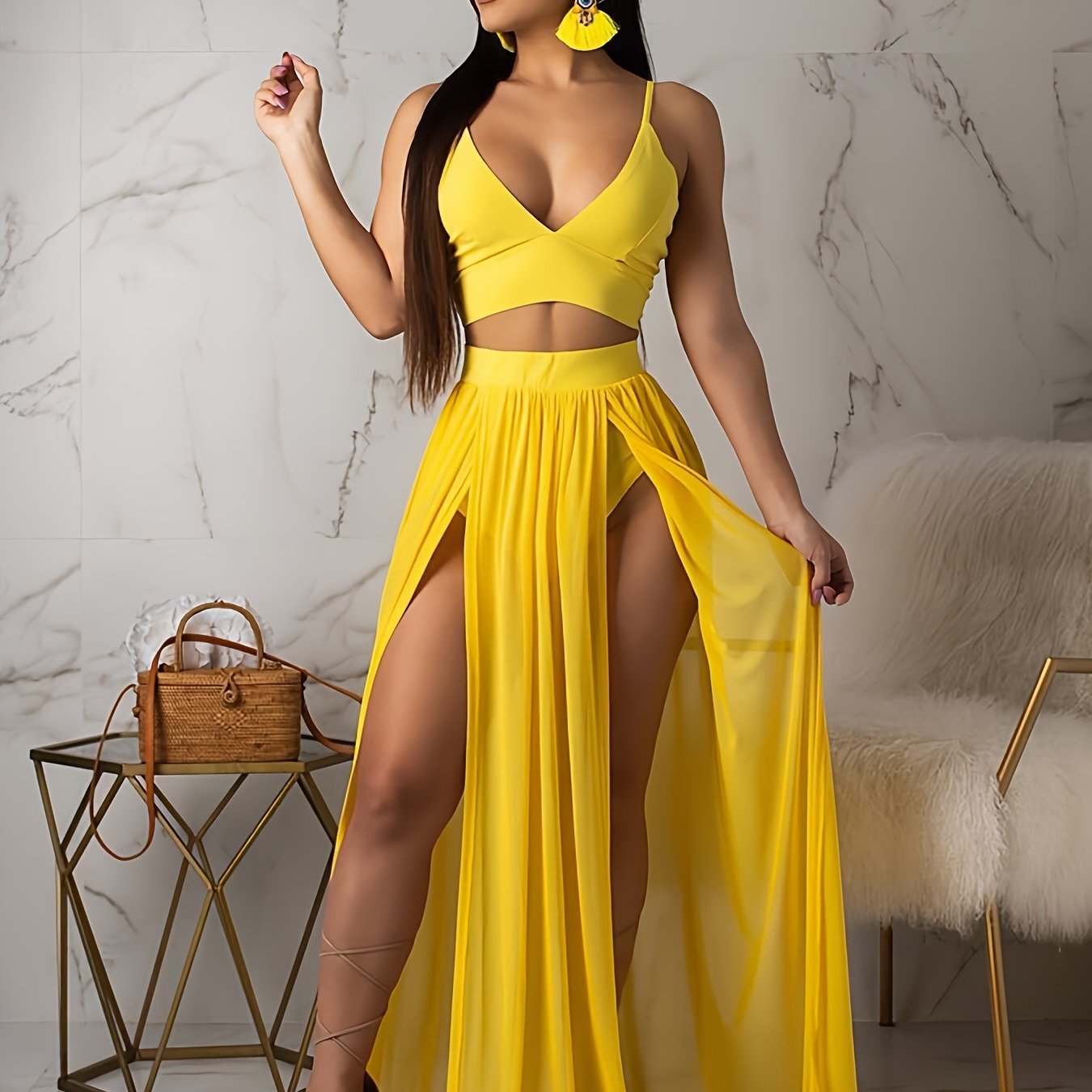 Women Sexy Dress 2pcs Skirt Outfits Strap Bra Crop Top & High Split Chiffon Skirt Goddess Dresses Set