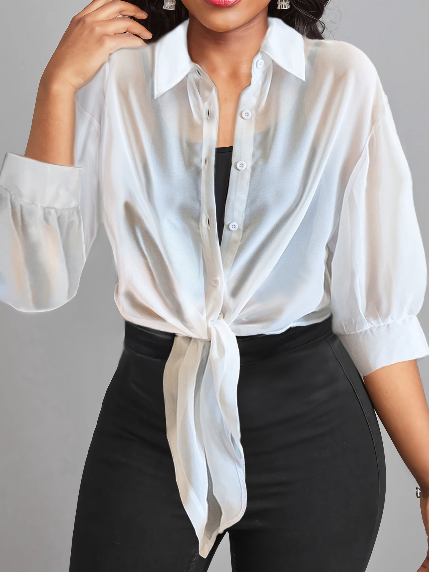 Plus Size Chic Solid Collared Blouse - Comfortable 3/4 Sleeves, Versatile Button Design - Perfect for Spring & Fall - Womens Fashionable Plus Size Wardrobe Staple