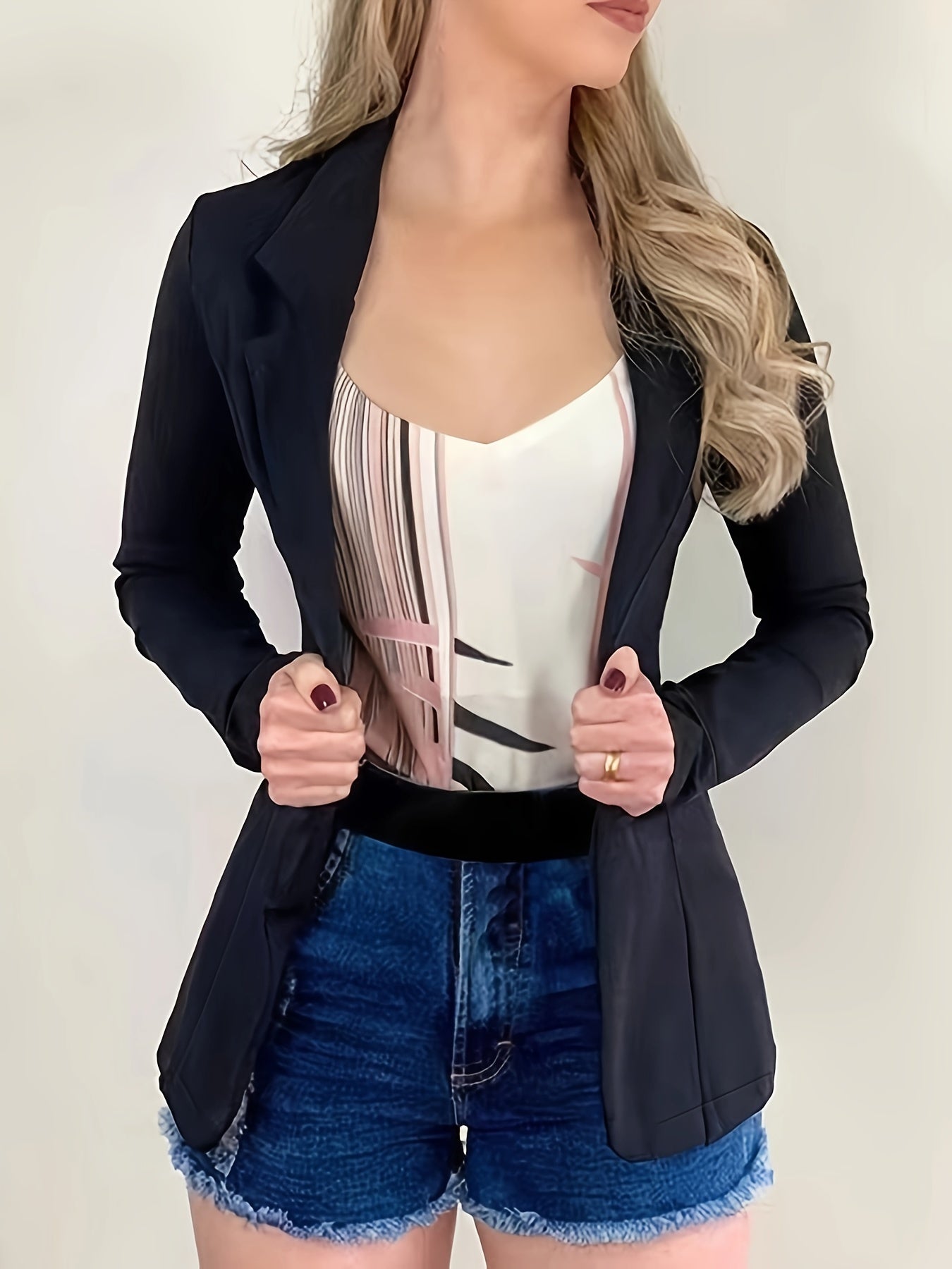 Fashionable Womens Blazer Jacket - Solid Lapel, Button Closure, Flowy Long Sleeves - Casual-Formal Commuter Outerwear