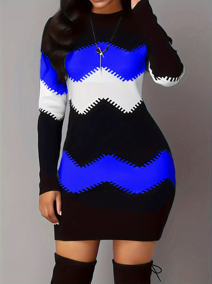 Chic Geometric Print Bodycon Dress - Stretchy Long Sleeve Crew Neck, Perfect for Spring/Fall - Women's Fashion