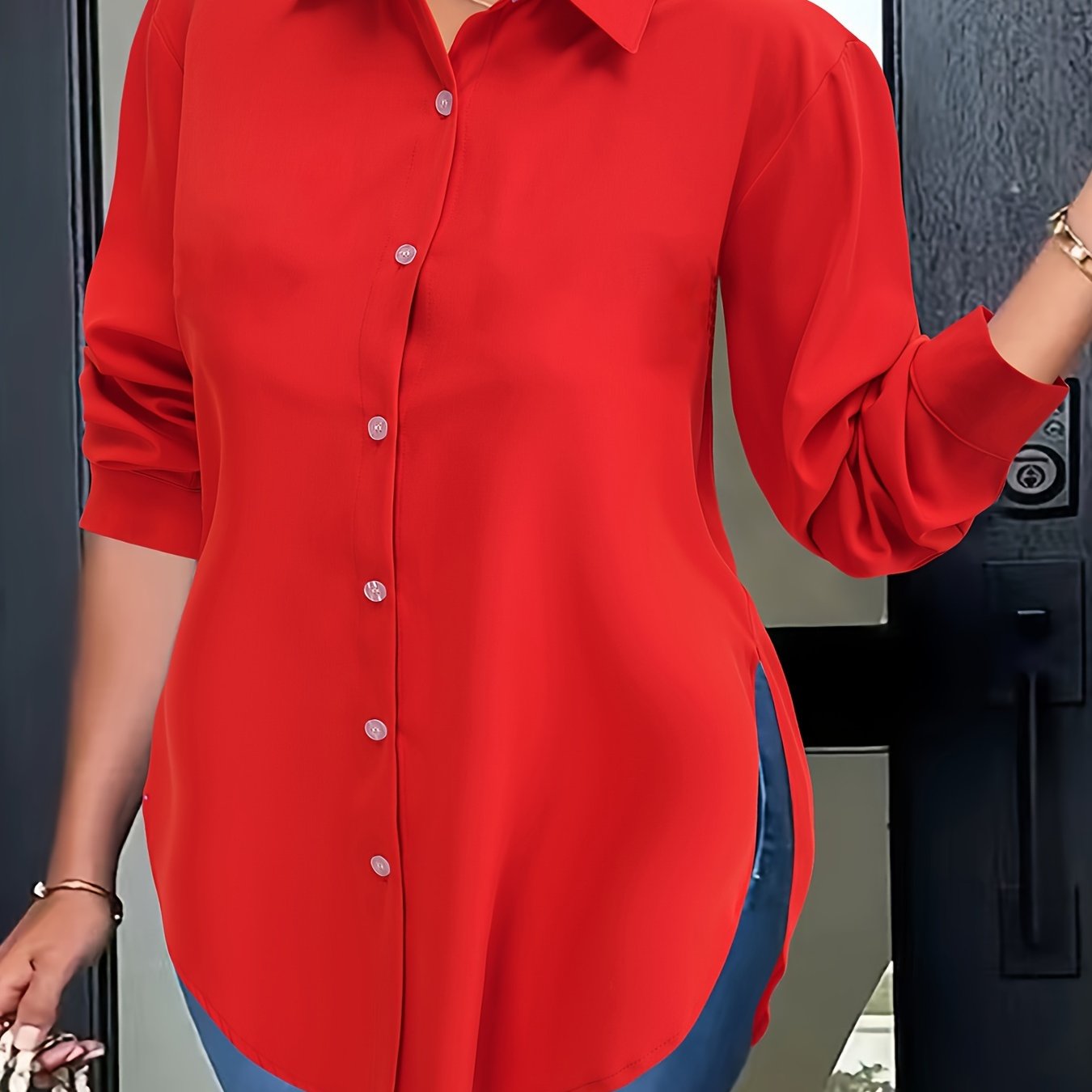 Elegant Women'S Plus Size Shirt - Polyester Long Sleeve Lapel Collared Button-Down Flared Hem Top with Slight Stretch