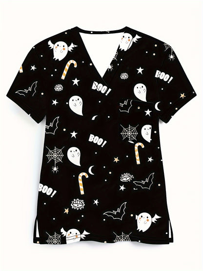 Women's Halloween-Themed V-Neck Scrub T-Shirt with Pockets - Casual, Stretchy Polyester Blend, Machine Washable