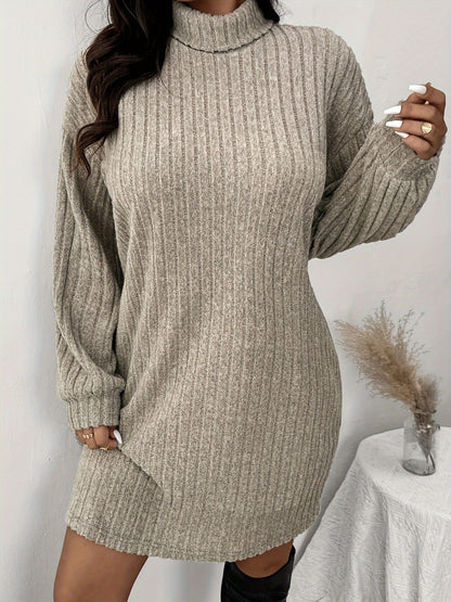 Women'S Plus Size High Neck Rib-Knit Knit Dress, Casual Long Sleeve Knee-Length Pullover