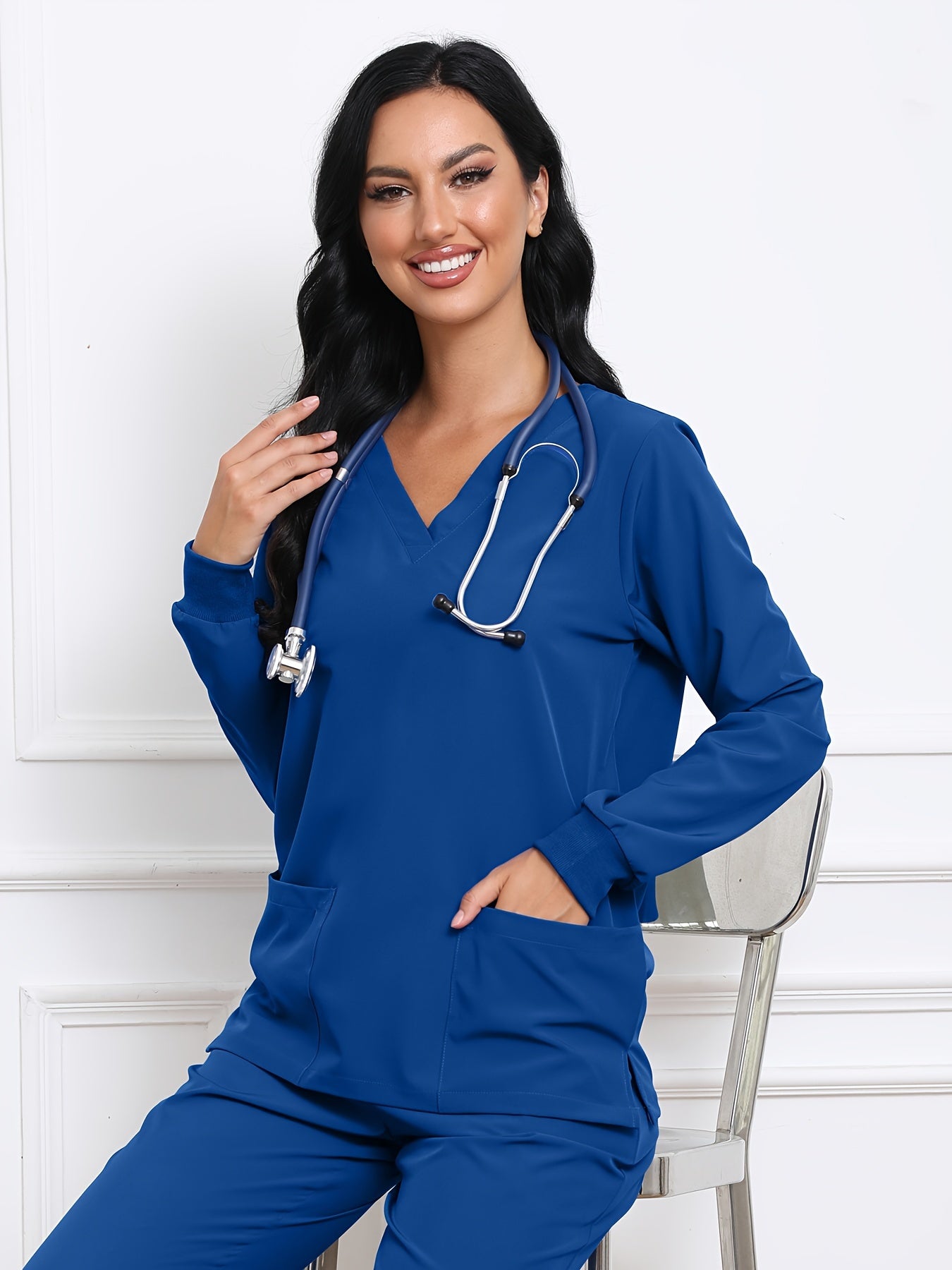 Stylish Women's Long Sleeve Scrubs Top - V Neck, Functional Patched Pockets, Breathable Fabric, Comfortable Fit, Health Care Uniform, Medical Workwear, Easy Care, Machine Washable