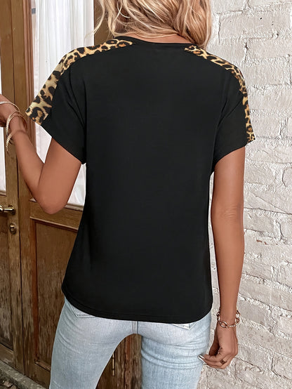 Camiseta de cuello redondo con estampado de leopardo: mangas cortas para un ajuste cómodo, camiseta informal de corte relajado, perfecta para estaciones cálidas, diseñada para la moda femenina