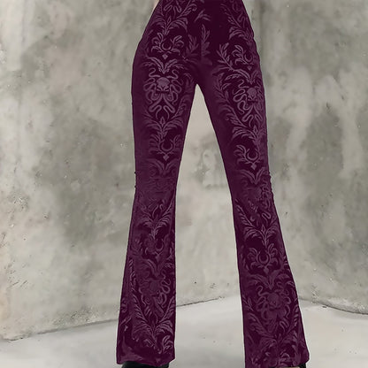 Gothic Floral Print High Waist Pants, Elegant Flare Leg Pants, Women's Clothing