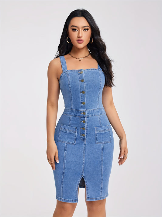 Chic Sleeveless Half-Button Front Denim Dress with Side Slit - Figure-Hugging Design with Functional Pockets - Casual to Night-Out Wear