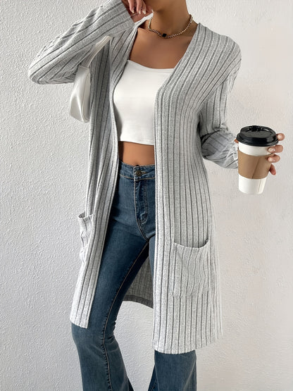 Cozy Rib Knit Cardigan Sweater - Soft, Casual, Long Sleeve, Mid Length, Open Front, Pocket Detail, Relaxed Fit