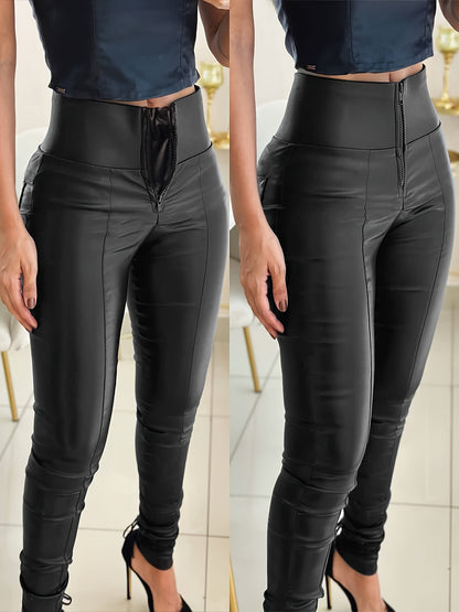 Women's High-Waist PU Leather Leggings with Front Zipper, Tummy Control