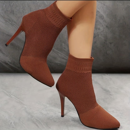 Women's Fashion Knit Socks Boots, Casual Pointed Toe Solid Color Slip On High Heels, Causal & Breathable Ankle Boots