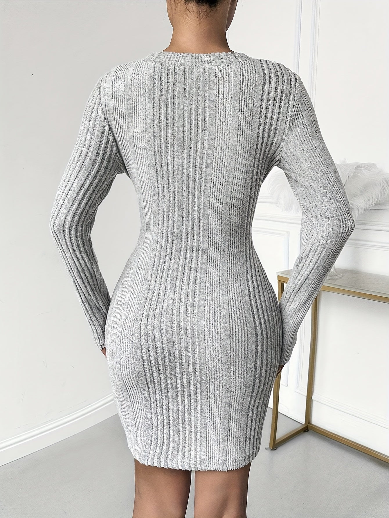 Button Decor Square Neck Ribbed Dress, Elegant Solid Color Long Sleeve Knitted Slim Dress, Women's Clothing