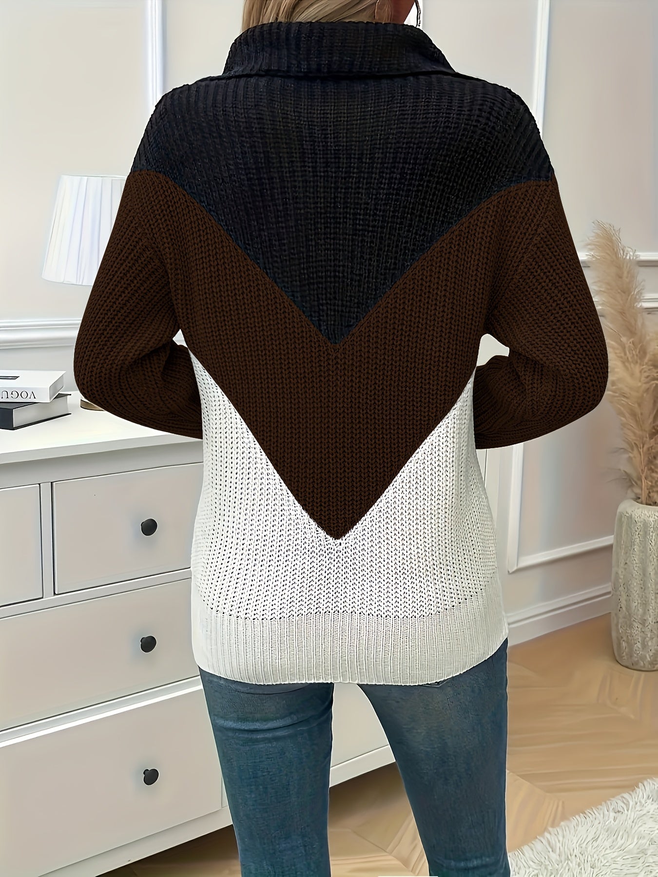 Women's plus size acrylic pullover sweater, patchwork V-neck knit top in brown, black, and white color block design.