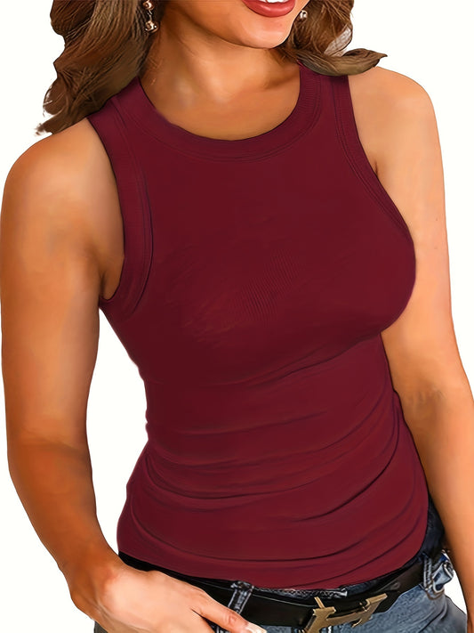 Plus Size Solid Crew Neck Sleeveless Vest Top - Soft Slight Stretch Polyester Fabric, Casual Pullover for Weekend, All Seasons - Oversized, No Belt, No Printing, No Sheer