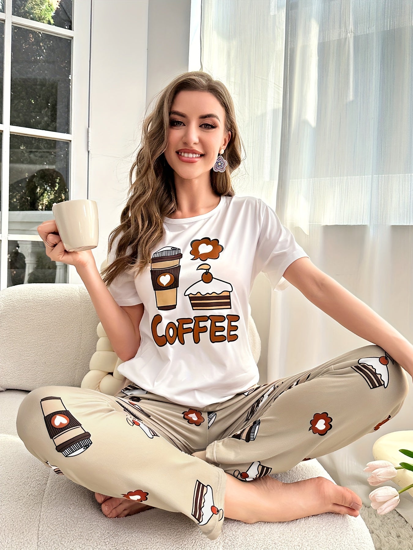 Cartoon Cake & Coffee Print Pajama Set - LuxyXO