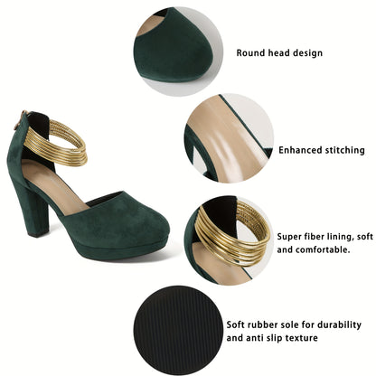 Elegant Women's Chunky Heel Pumps: Water-Resistant, All-Season Slip-On Shoes with Secure Ankle Strap