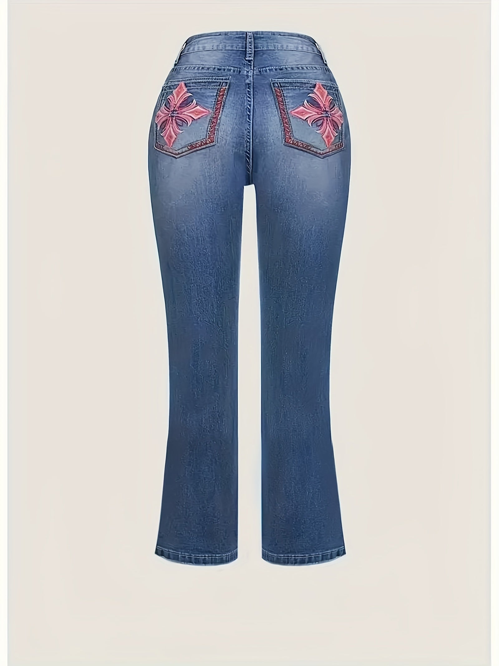 Plus size washed blue flare leg bootcut denim pants with stylish cross embroidery, casual high-stretch fabric, perfect for curvy figures.