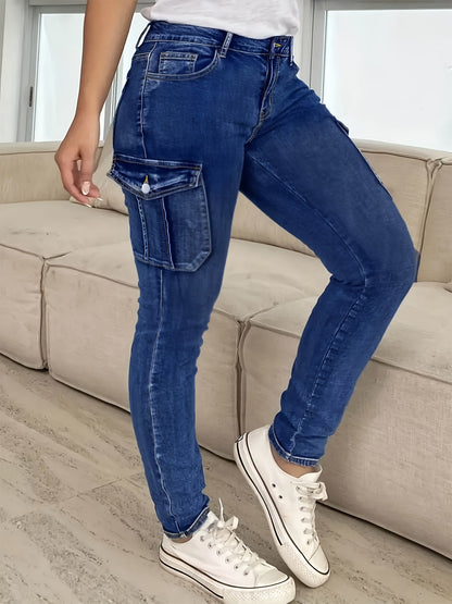 Pantalones vaqueros cargo ajustados de talla grande para uso diario: diseño favorecedor de cintura alta, bolsillo con solapa lateral, tela vaquera cómoda, pantalones vaqueros de moda para mujer y ropa informal para uso diario