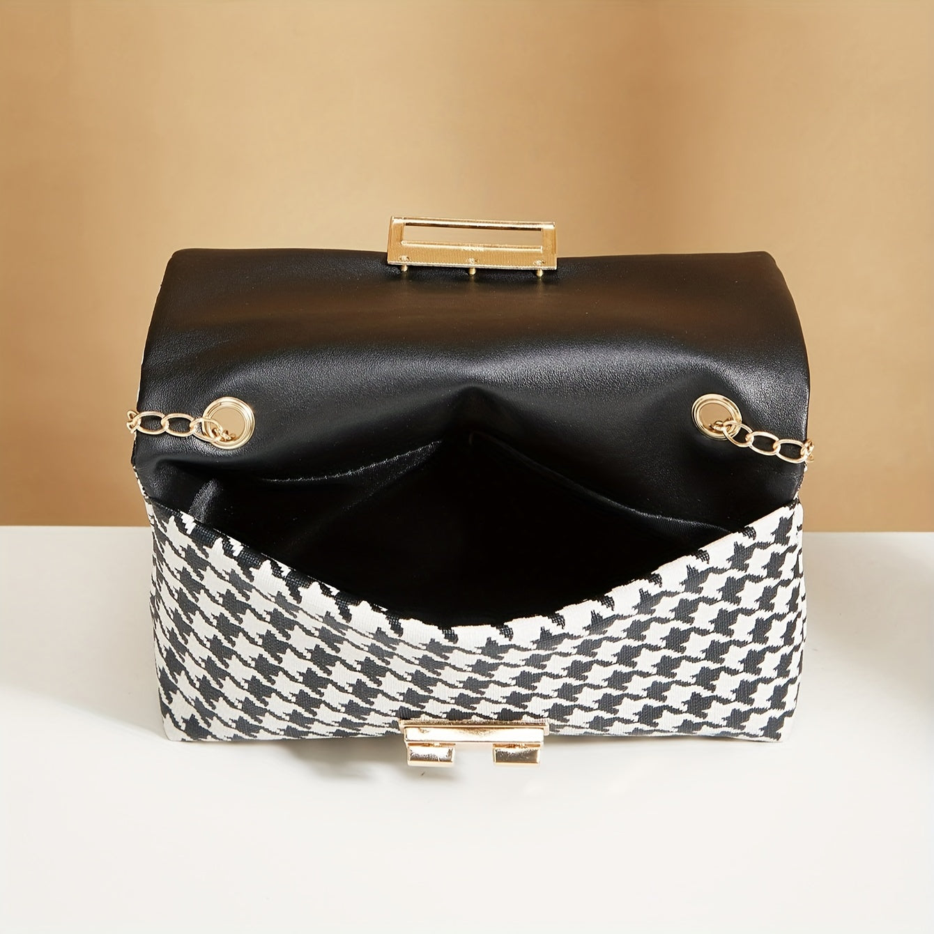 Houndstooth Glam - Elegante bolso bandolera con cadena y cierre de seguridad