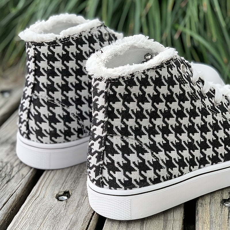 Womens Houndstooth Canvas Sneakers - Round Toe Comfort, High Top Style, Casual Flat Sole, Durable Skate-Inspired Shoes