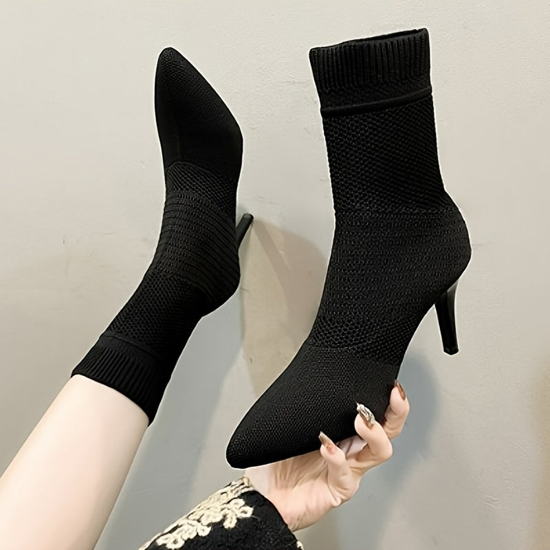 Women's Solid Color Sock Boots, Slip On Breathable Stiletto Knitted Boots, Winter Point Toe Elastic Slim Boots