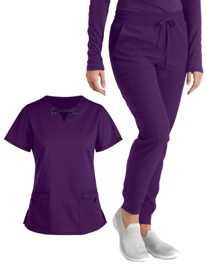 Stylish Solid Two-Piece Scrub Set - Women's Medical Uniform, Elegant V-Neck Short Sleeve Top & Drawstring Pants Outfit with Comfortable Fabric for Healthcare Professionals - Easy Care, Breathable, and Relaxed Fit