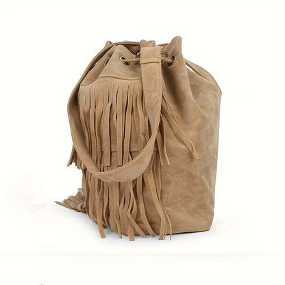 Vintage-Inspired Tassel Bucket Shoulder Bag