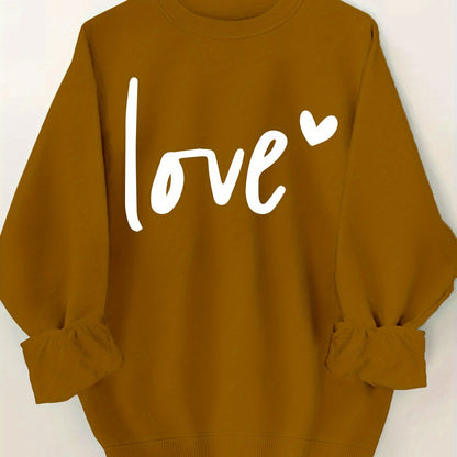 Plus Size Love Print Sweatshirt, Casual Long Sleeve Crew Neck Pullover Sweatshirt