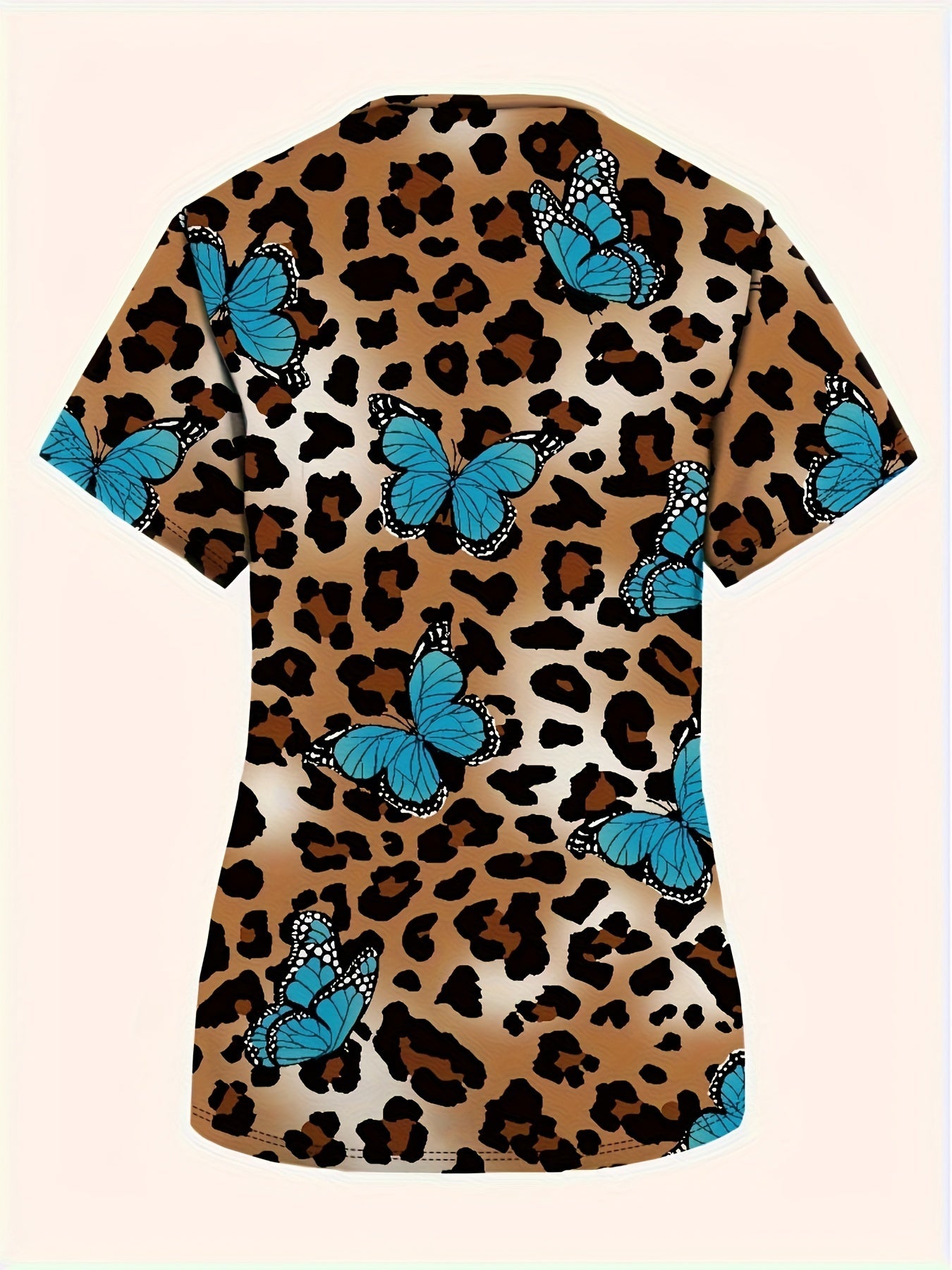 Women's Fashion V-Neck Scrub Top with Leopard & Butterfly Print, Comfortable Medical Nurse Uniform with Pockets - Polyester Blend