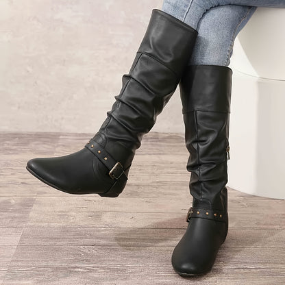 Retro Chic Pleated Knee-High Women's Boots with Buckle Detail, Comfortable Flat Heel & Easy Zip Closure, Versatile Western Style - LuxyXO