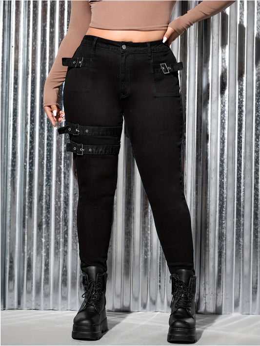 Stylish plus size black skinny jeans for women with straps and buckles, high waist design.