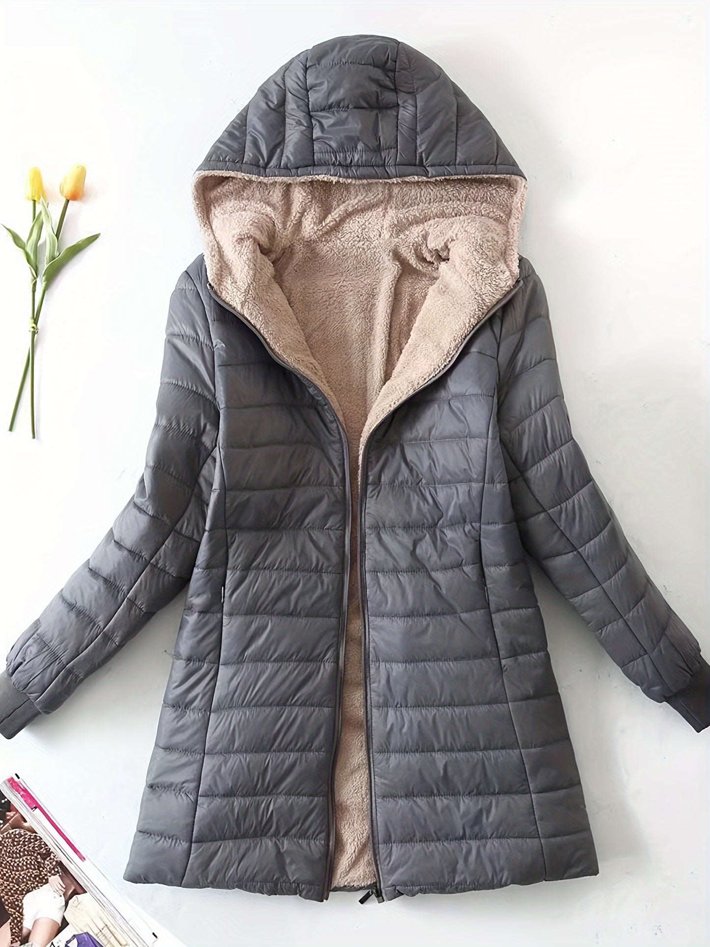 Zip-up Puffy Hoodie Coat, Casual Thermal Long Sleeve Coat For Fall & Winter, Women's Clothing