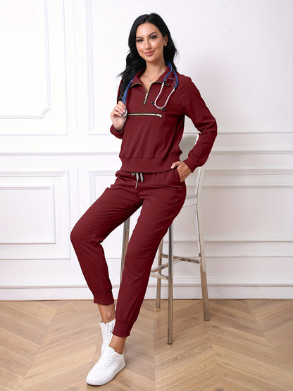 Womens Premium Long Sleeve Scrub Set - Half Zip Top & Drawstring Pants - Breathable, Stretchy, Durable - Perfect for Doctors, Nurses, Dentists - Comfortable, Modern Fit, Quick-Drying Workwear