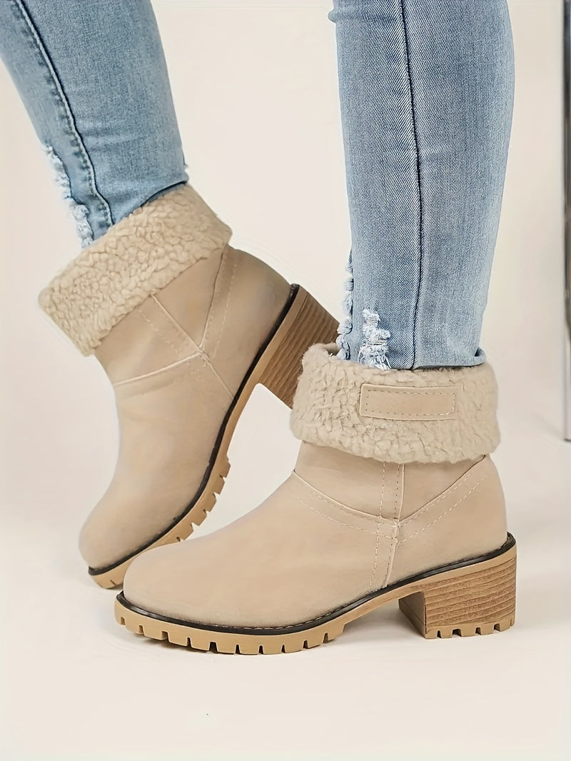 Cozy Winter Chunky Heel Boots - Soft Plush Lined, Slip-On Design, Comfortable Ankle Support, Warm Insulation, Casual Style for Daily Wear - Perfect for Cold Weather - LuxyXO