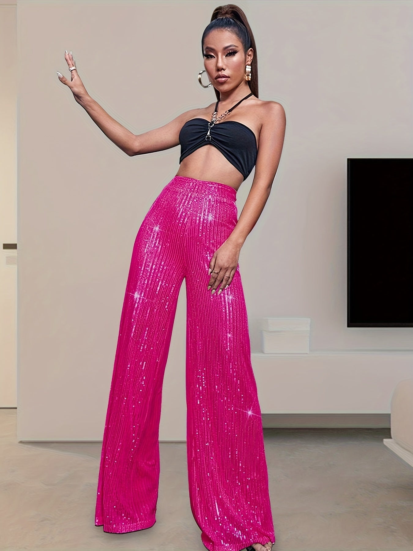 Sequin Decor Wide Leg Pants, Elegant High Waist Loose Pants For Party & Club, Women's Clothing