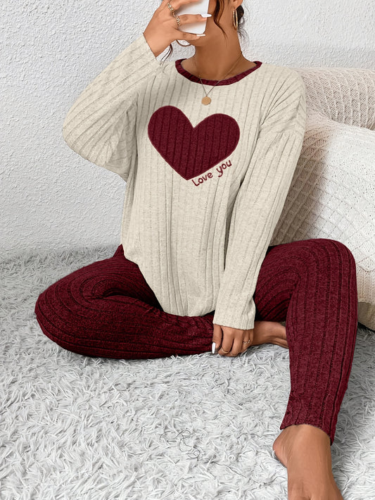 Plus Size Heart Fitted Long Sleeve And Long Pants Loungewear Set