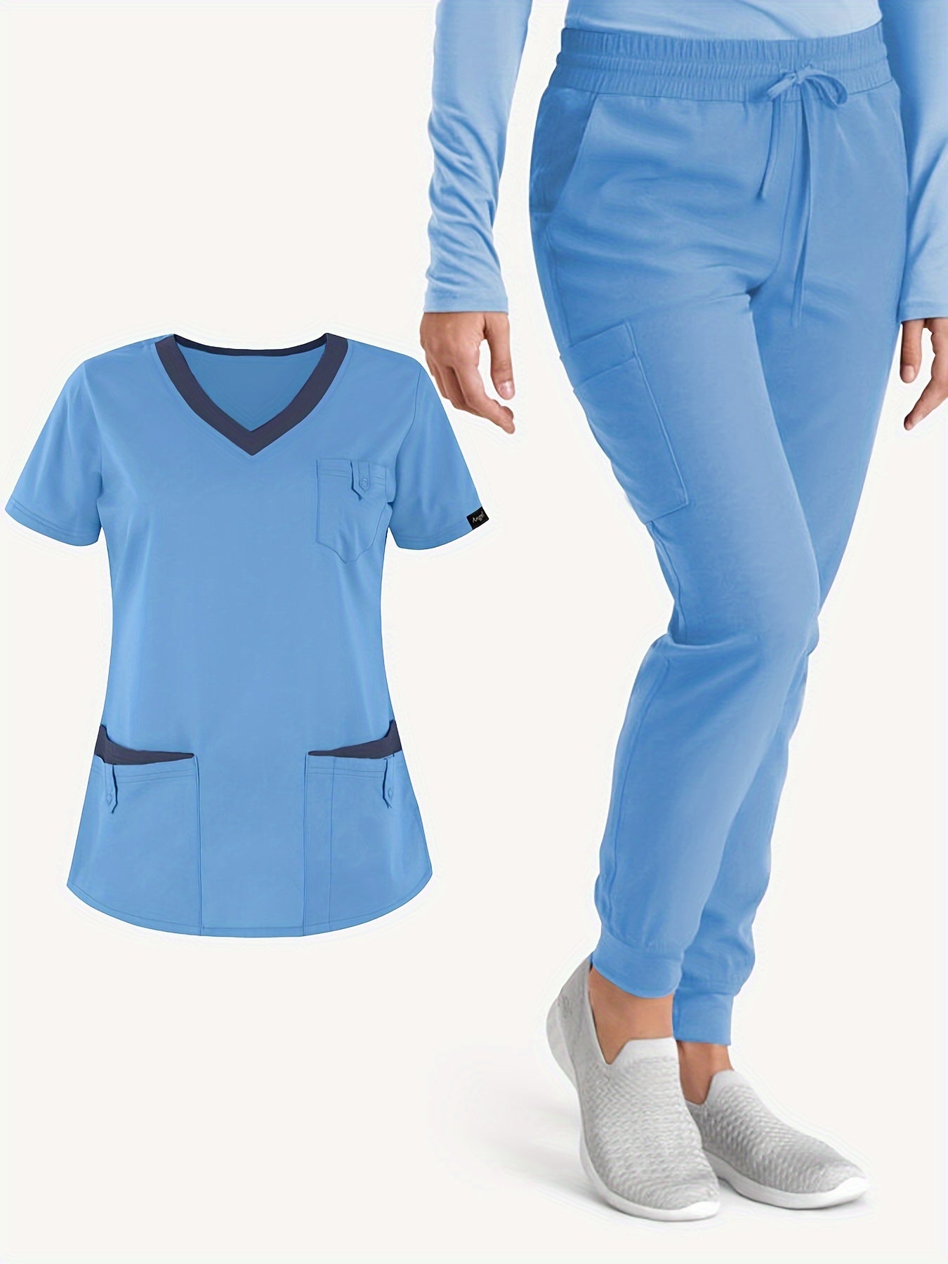 Two-Piece Solid Scrub Set - Elegant V-Neck Top and Drawstring Pants Outfit with Comfortable Fabric, Medical and Health Care Uniform for Women, Classic Design, Easy Care, and Professional Look