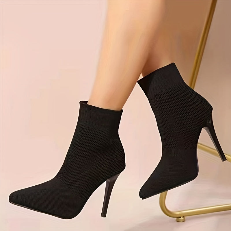 Women's Fashion Knit Socks Boots, Casual Pointed Toe Solid Color Slip On High Heels, Causal & Breathable Ankle Boots