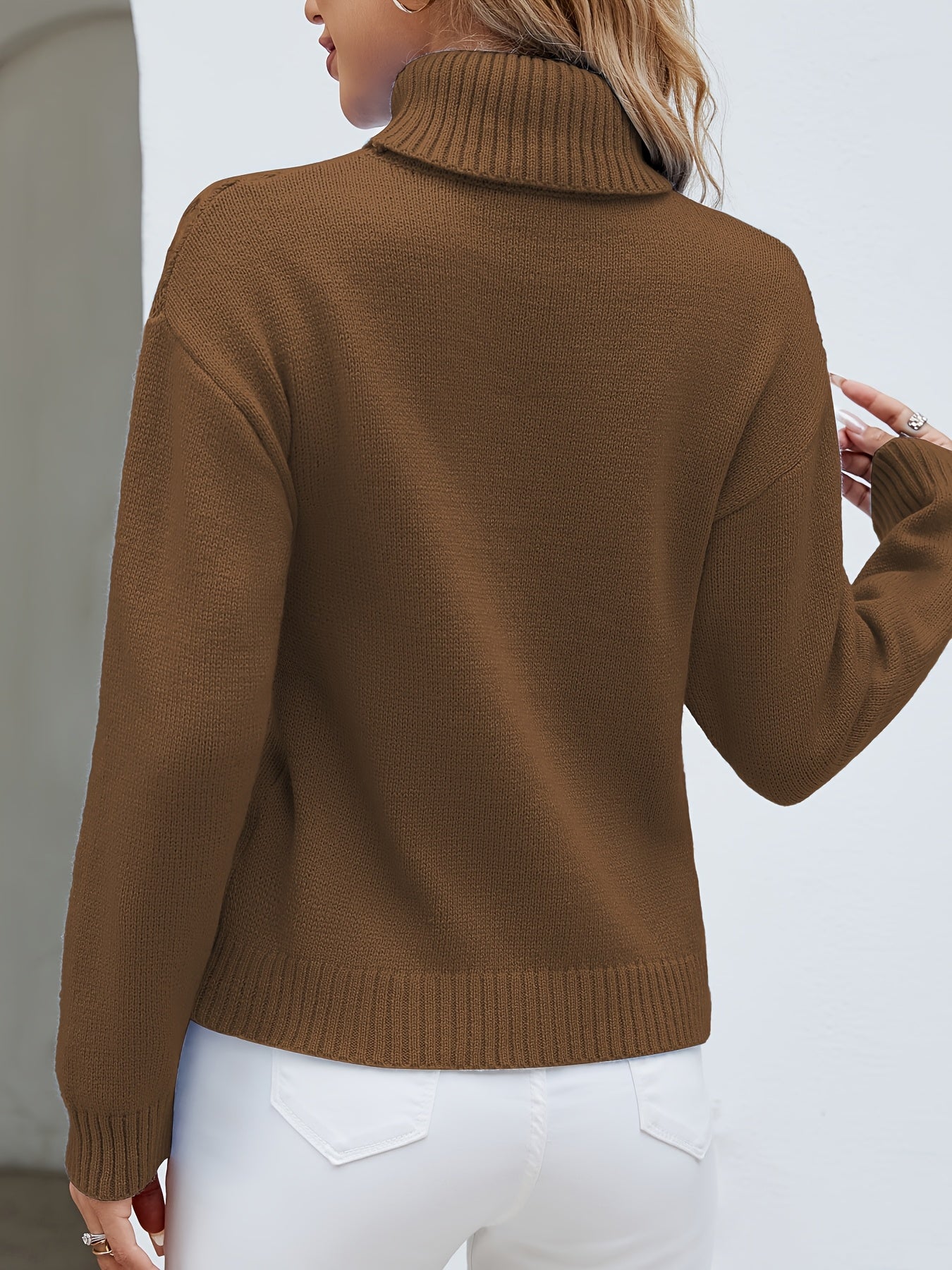 Solid Color Long Sleeve Sweater, Casual Turtle Neck Sweater For Winter & Fall