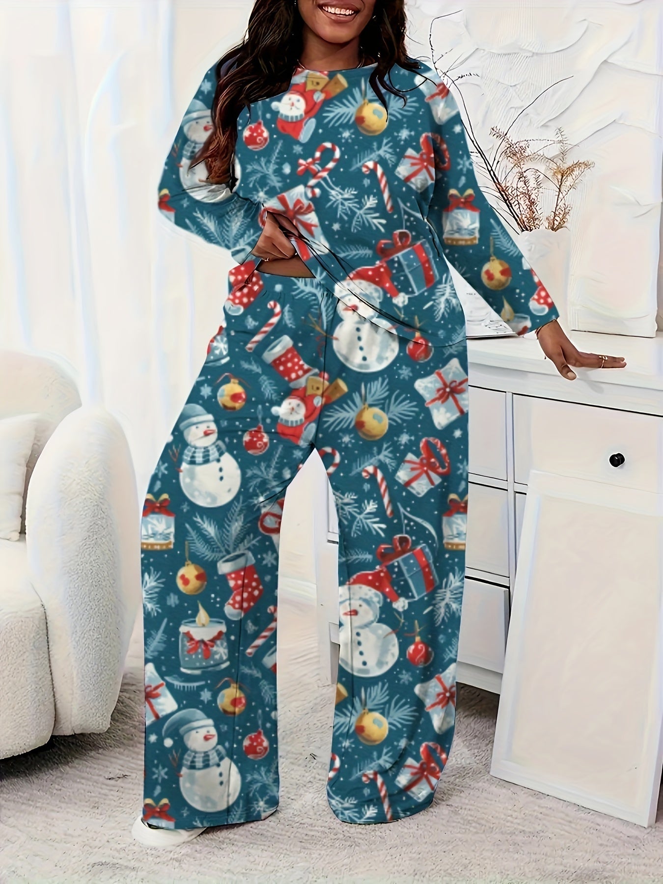 Women'S Plus Size Christmas Print Casual Long Sleeve Set, Polyester Knit Fabric, Round Neck, Full-Body Print, Comfort Fit, Lounge Wear