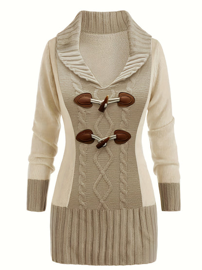 Plus Size Chic Cable Knit Sweater Dress - Fashionable Colorblock, Horn Button Detail