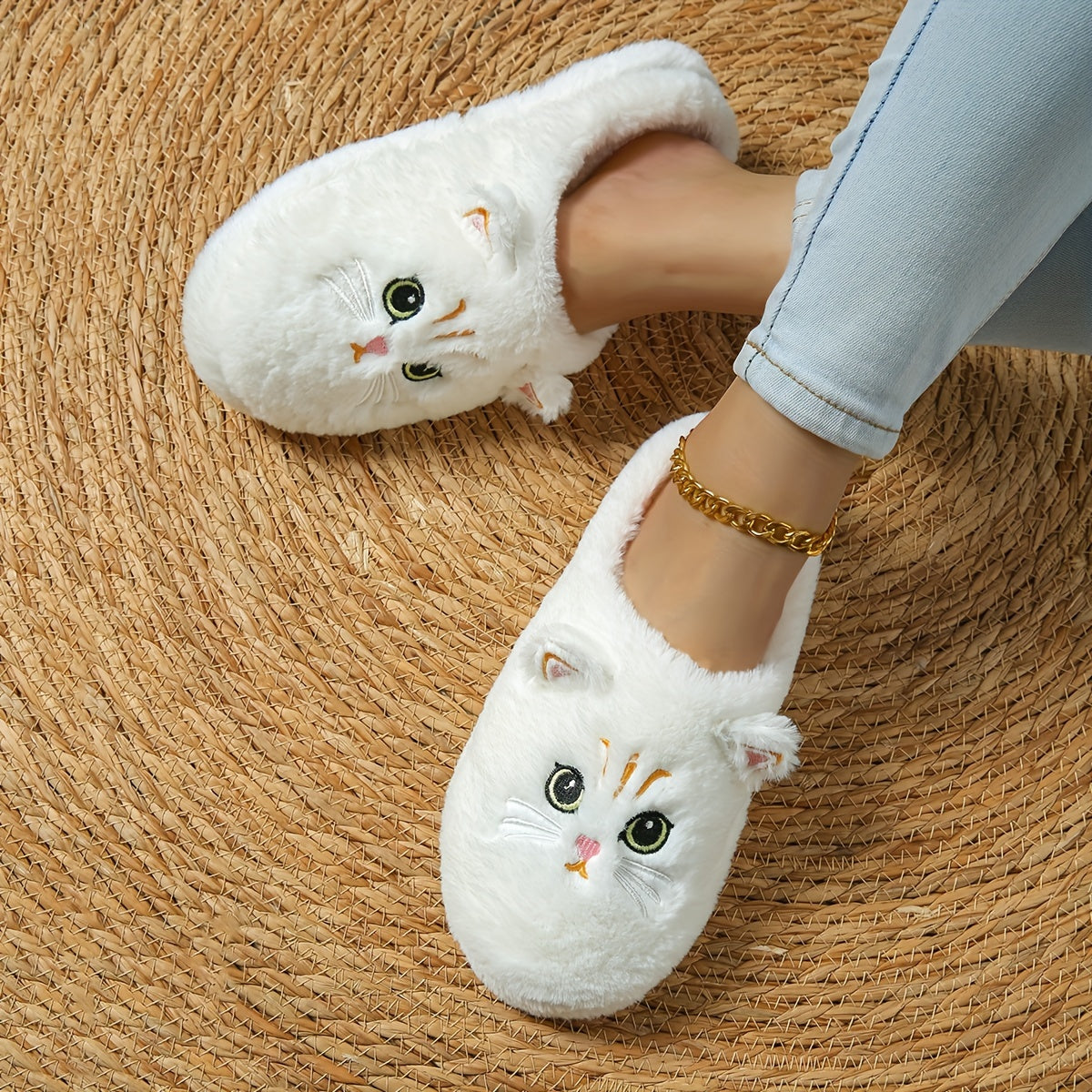 Cozy Cartoon Cat Plush Slippers for Women - LuxyXO