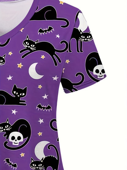 Spooky Halloween Cartoon V-Neck Scrub Top - Soft, Breathable, Comfortable, Functional Health Care Uniform - Perfect for Working in Hospitals, Dental Offices, Women's Work Clothing for Medical Professionals